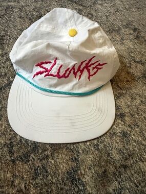 White Unbranded Retro Script Logo Cap with Pink Accent